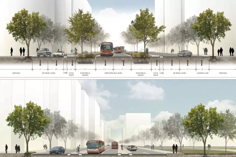 A proposed cross section of a center-running, protected bus lane.